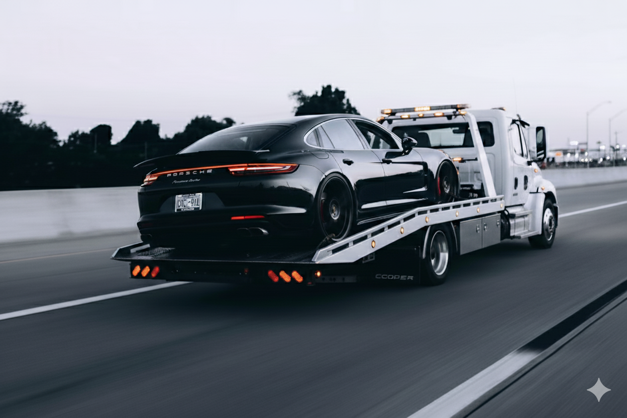 Night view of a secure vehicle transport truck